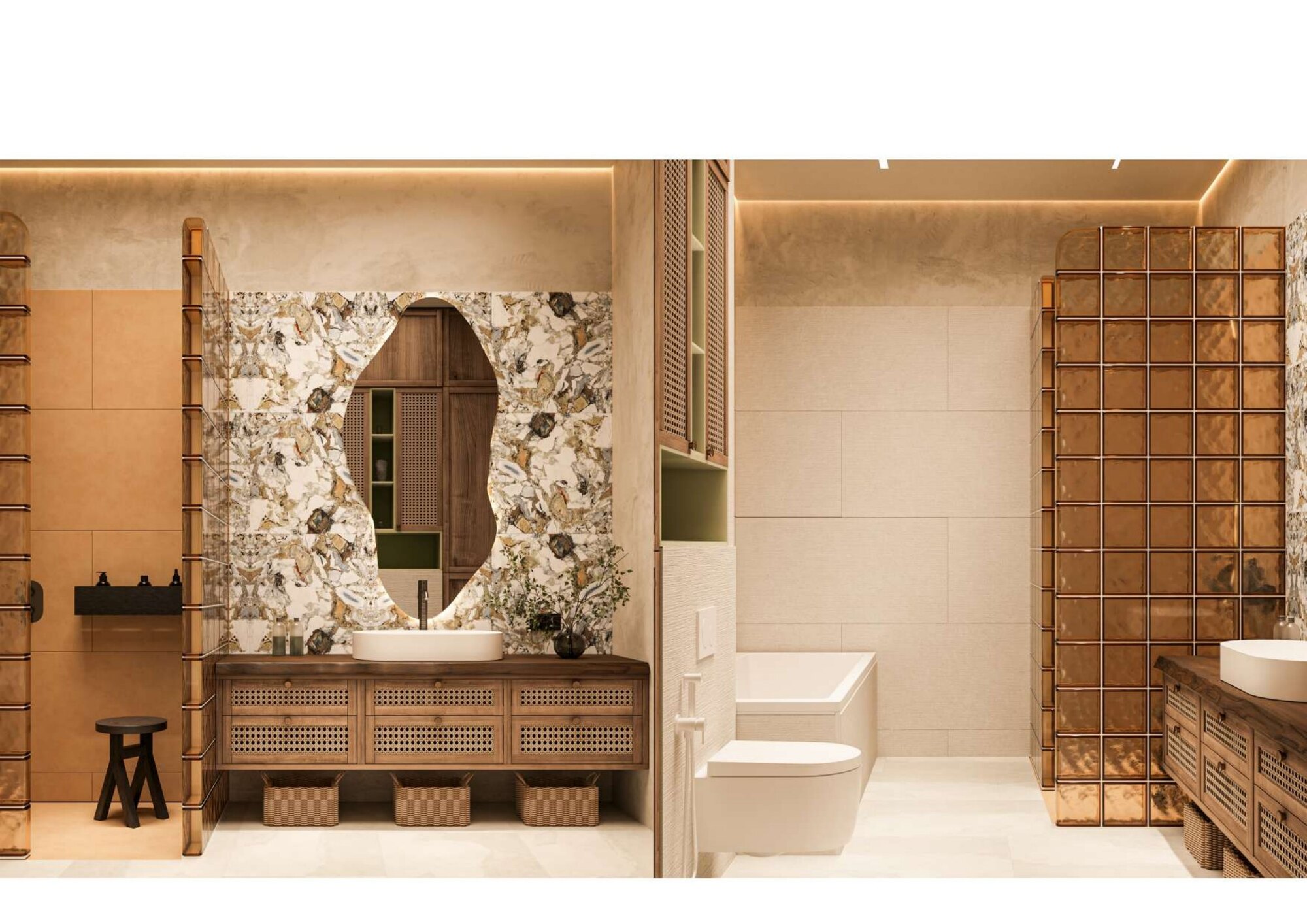 Санузел: тумба из дерева, зеркало необычной формы, плитка с рисунком