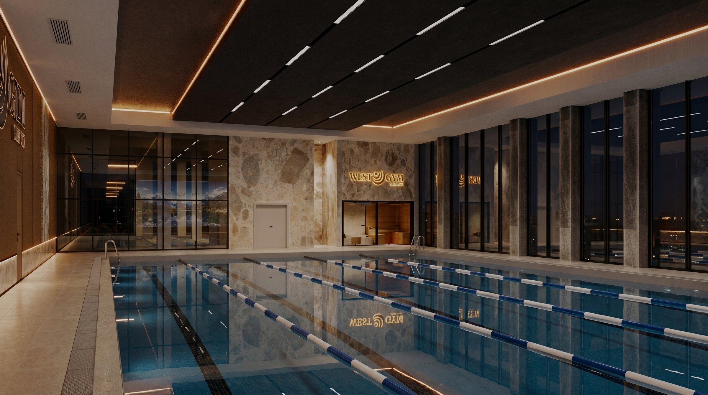 Бассейн West Gym: дорожки, каменная стена с логотипом и панорамные окна
